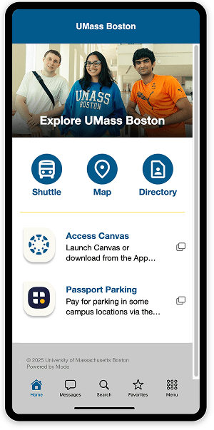 Home screen of the UMass Boston Mobile App