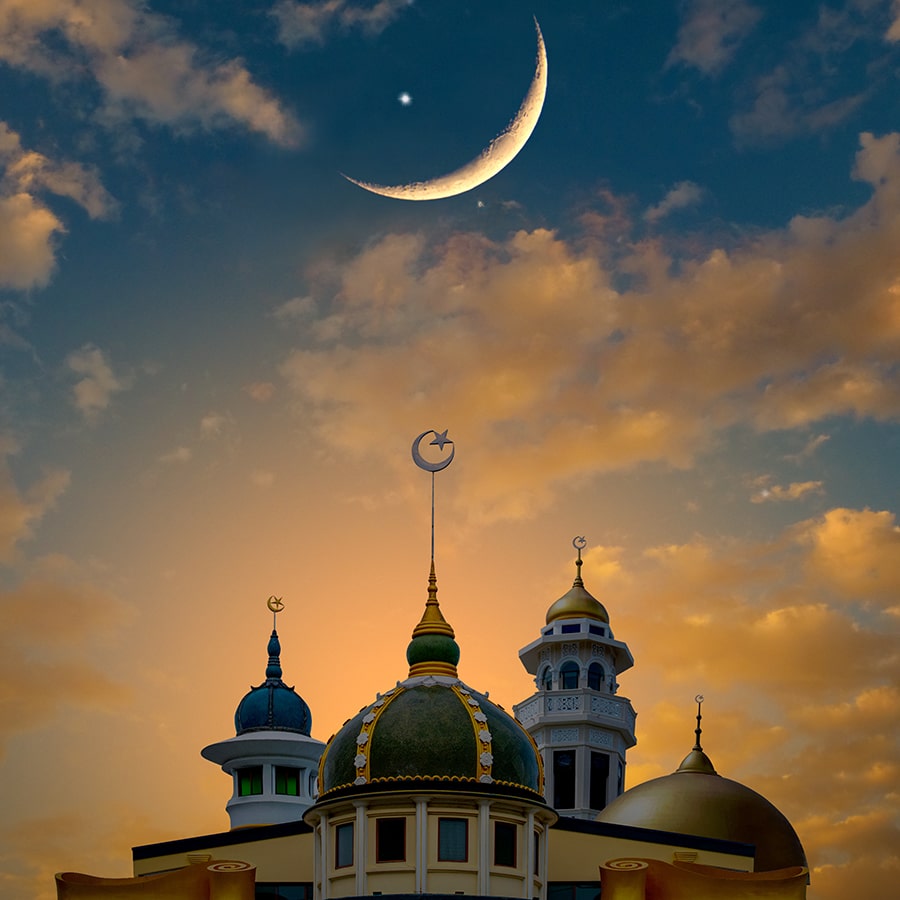 Mosque dome mosque light of hope arabic islamic architecture and half moon and the sky has stars.